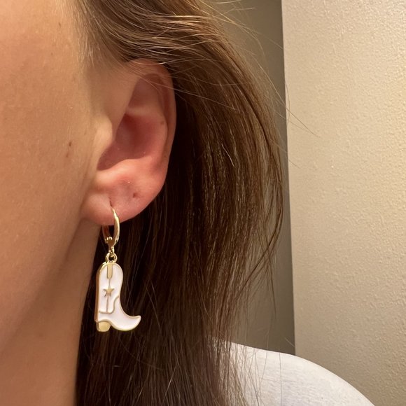 White & Gold Western Cowgirl Cowboy Boots Huggie Dangle Earrings NEW - Picture 3 of 4